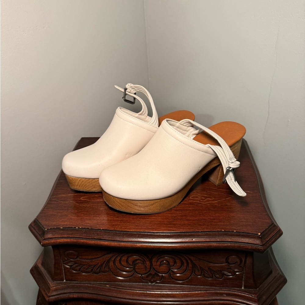White Leather Platform Clog Mules with Wood-Look Heel
